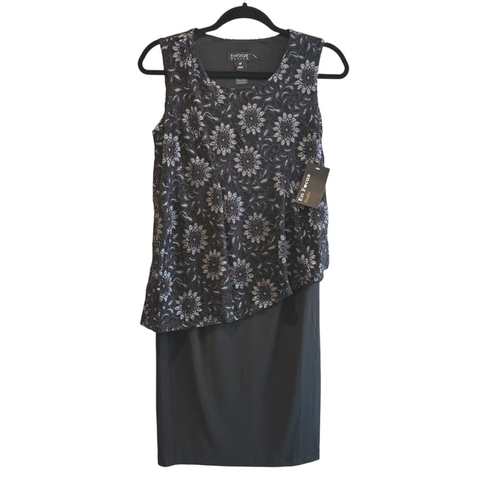 EnFocus Petite Sleeveless Floral Lace Overlay Layered‎ Dress Black Silver 4P NWT